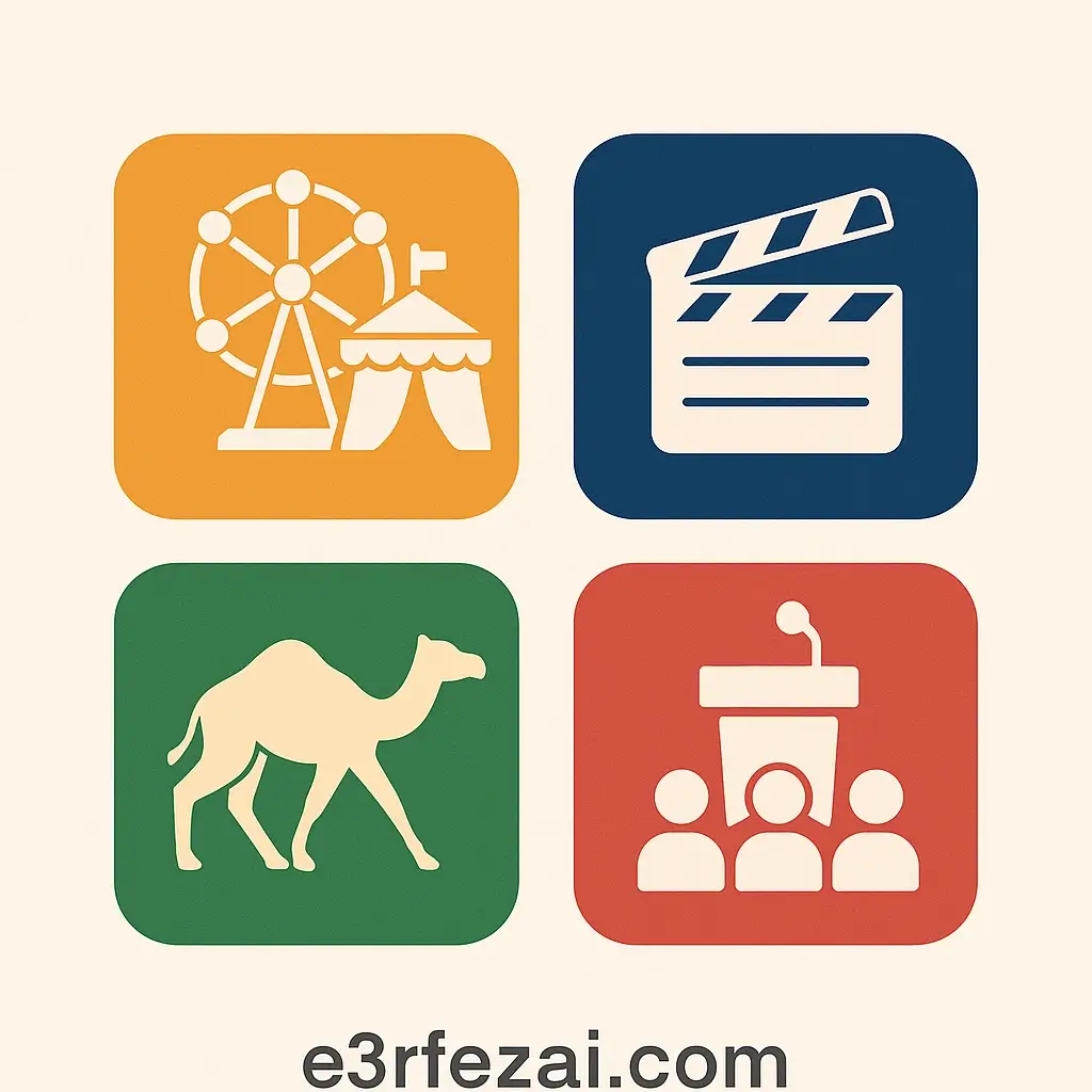 أيقونات تمثل مهرجانات وفعاليات سعودية كبرى مثل موسم الرياض، مهرجان البحر الأحمر، سباقات الهجن، والمؤتمرات التقنية، مع شعار e3rfezai.com.