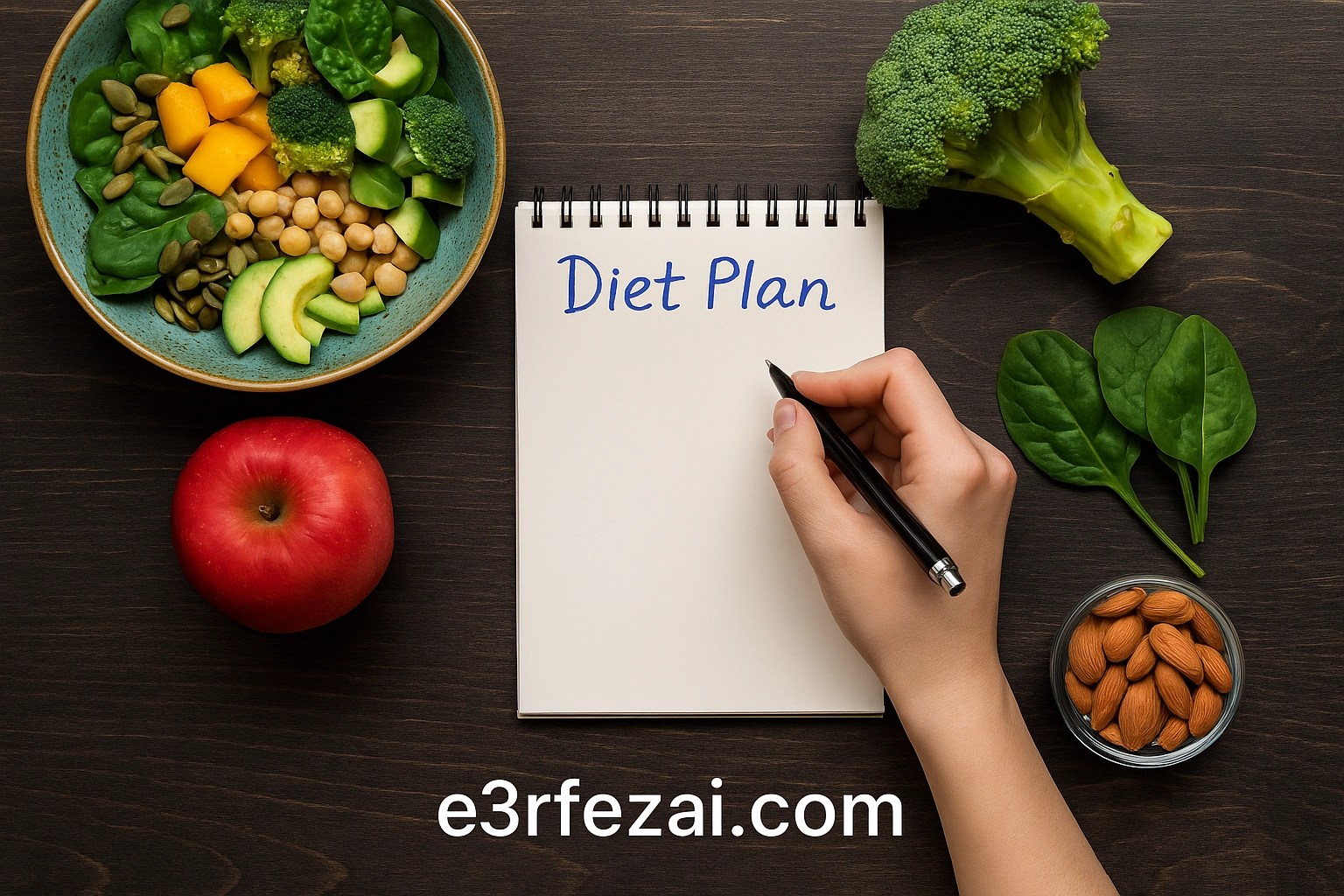 خطة دايت مكتوبة بجانب أطعمة صحية – e3rfezai.com