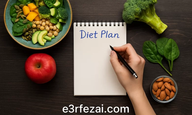 خطة دايت مكتوبة بجانب أطعمة صحية – e3rfezai.com