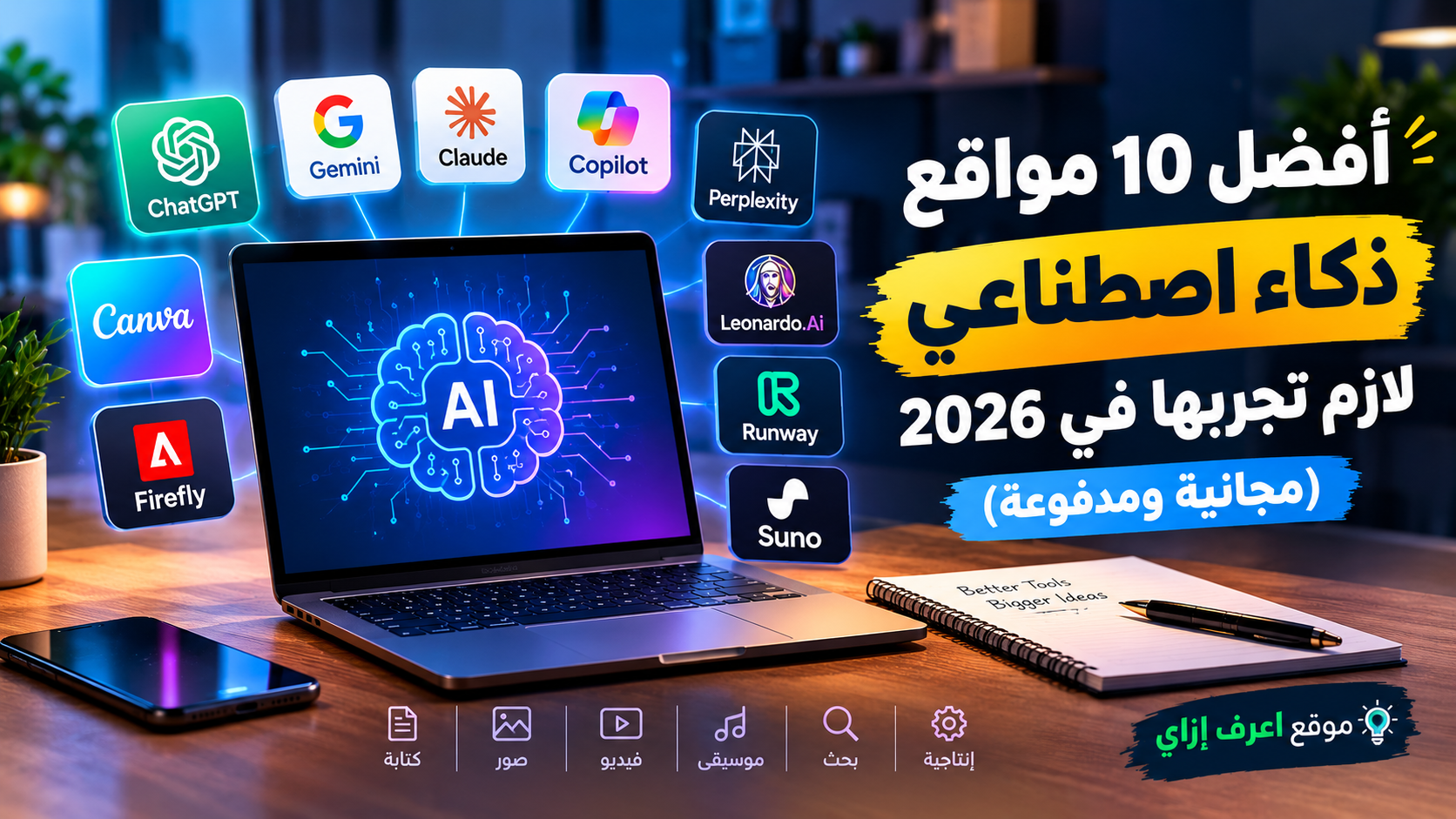 أفضل 10 مواقع ذكاء اصطناعي لازم تجربها في 2026 (مجانية ومدفوعة)